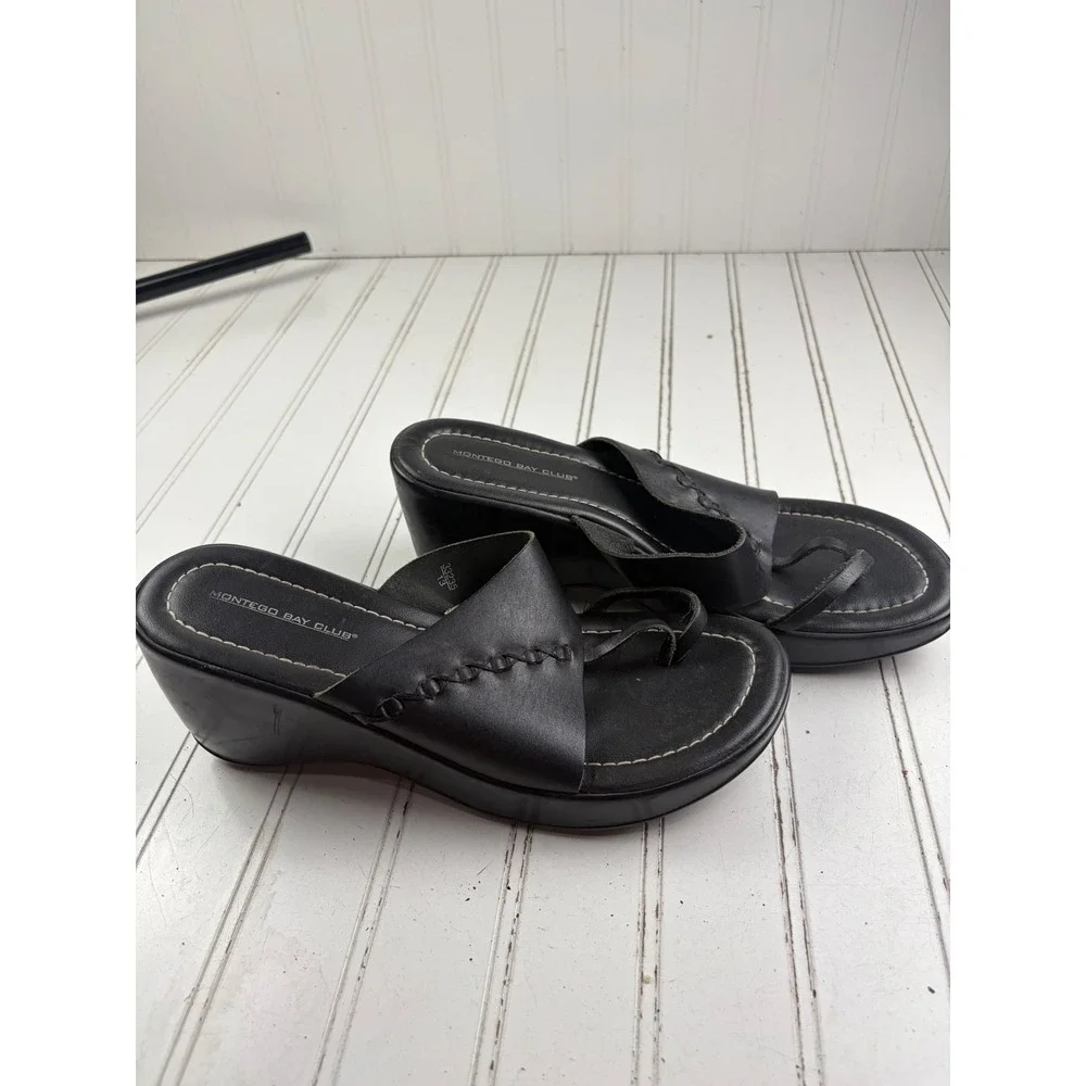 Montego Bay Club Vintage Y2K Black Leather Platform Sandals Women's Size 9.5